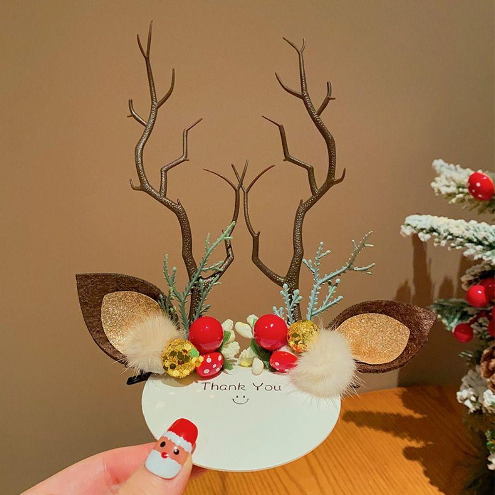 Plush Children Deer Antler Hair Clip Bowknot Christmas Hat Headabnd Lovely Elk Hair Clip  Girls