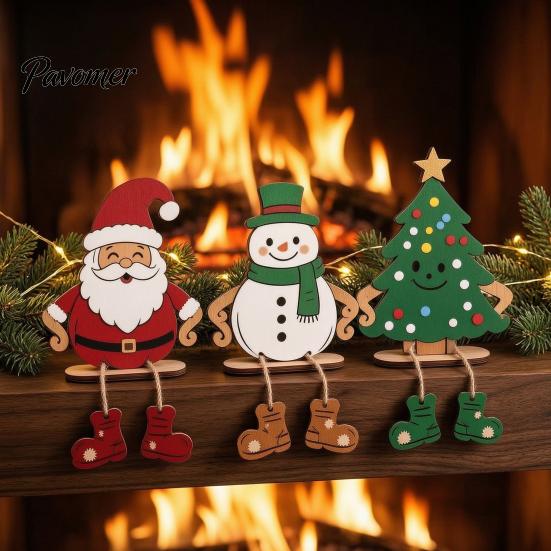 Durable Wooden Xmas Crafts 3Pcs 2D Christmas Hanging Ornaments, Cartoon Santa Snowman Tree Figurines Holiday Decorations for Home with Leg Design,