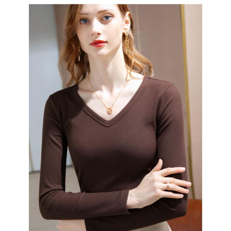 Women s Autumn Brown Ribbed V Neck Long Sleeve Slim Fit Top S