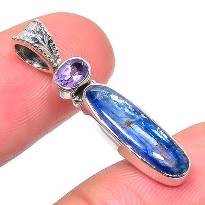 Natural Kyanite, Amethyst Gemstone 925 Solid Sterling Silver Pendant 1.26" z1T84