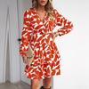 Frauen Herbst Winter V-ausschnitt Laterne Ärmel Rüschen A-linie Kurze Gedruckt Kleid
