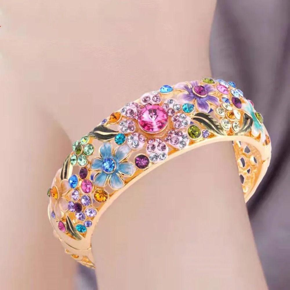 Ethnic Chinese Cloisonne Bracelet Rhinestone Women's Hand Bracelet Hollow Out Flower Bangle  Gifts