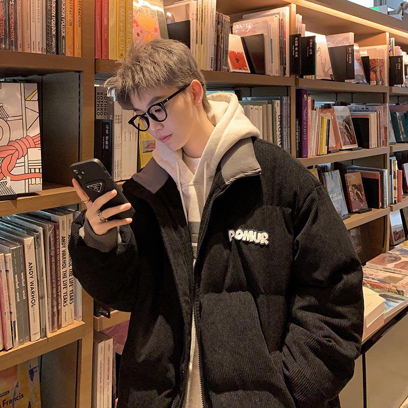 Men's Retro Corduroy Stand Collar Jacket, Autumn/Winter, Thickened with Letter Patch, Color Melange, Cotton Padded Outerwear.