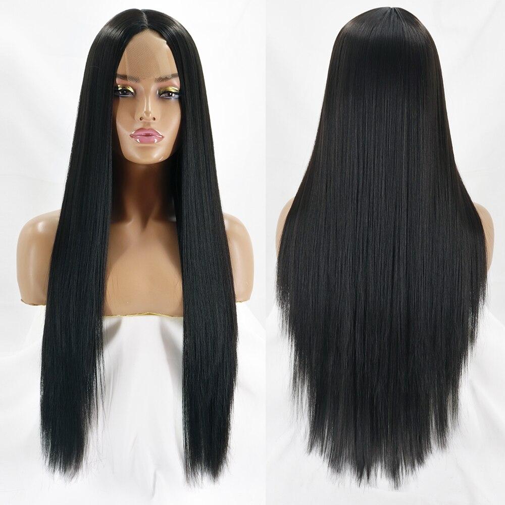 

MERISIHAIR Длинные прямые черные парики женские средней части синтетический парик термостойкое волокно натуральный вид парик China