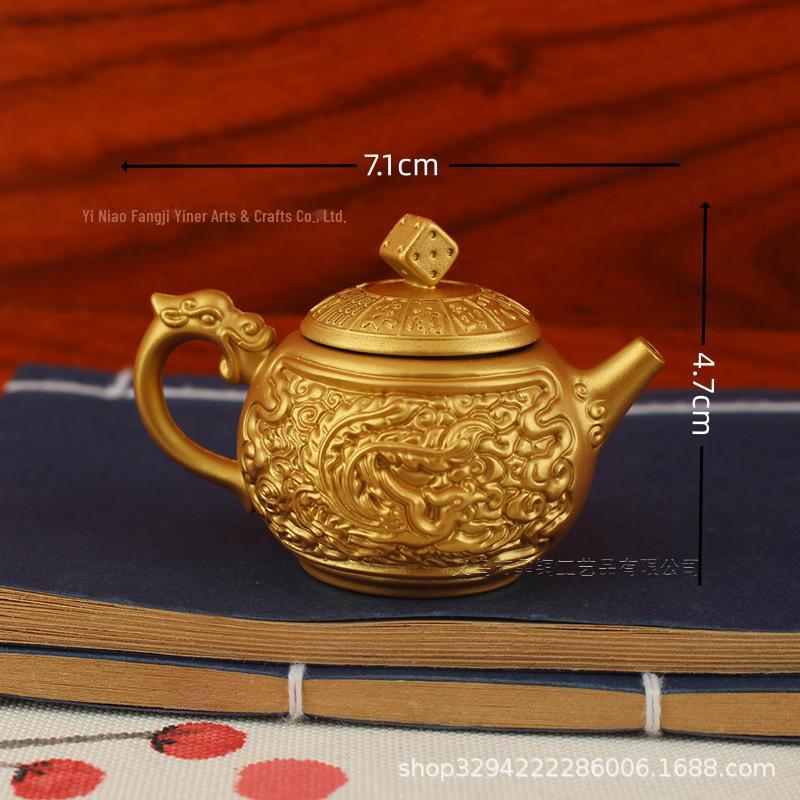 Brass Handle Rotating Dragon and Phoenix Mini Teapot for Mahjong Copper Crafts Gift