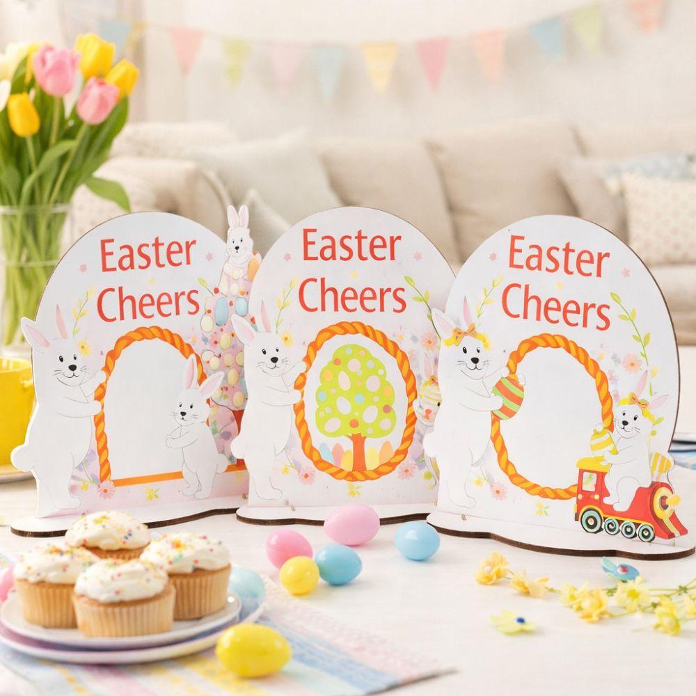 Art Crafts Cartoon Easter Bunny Decor Colorful Standing Wooden Rabbit Ornaments Handmade Bunny Eggs Decor Holiday Party