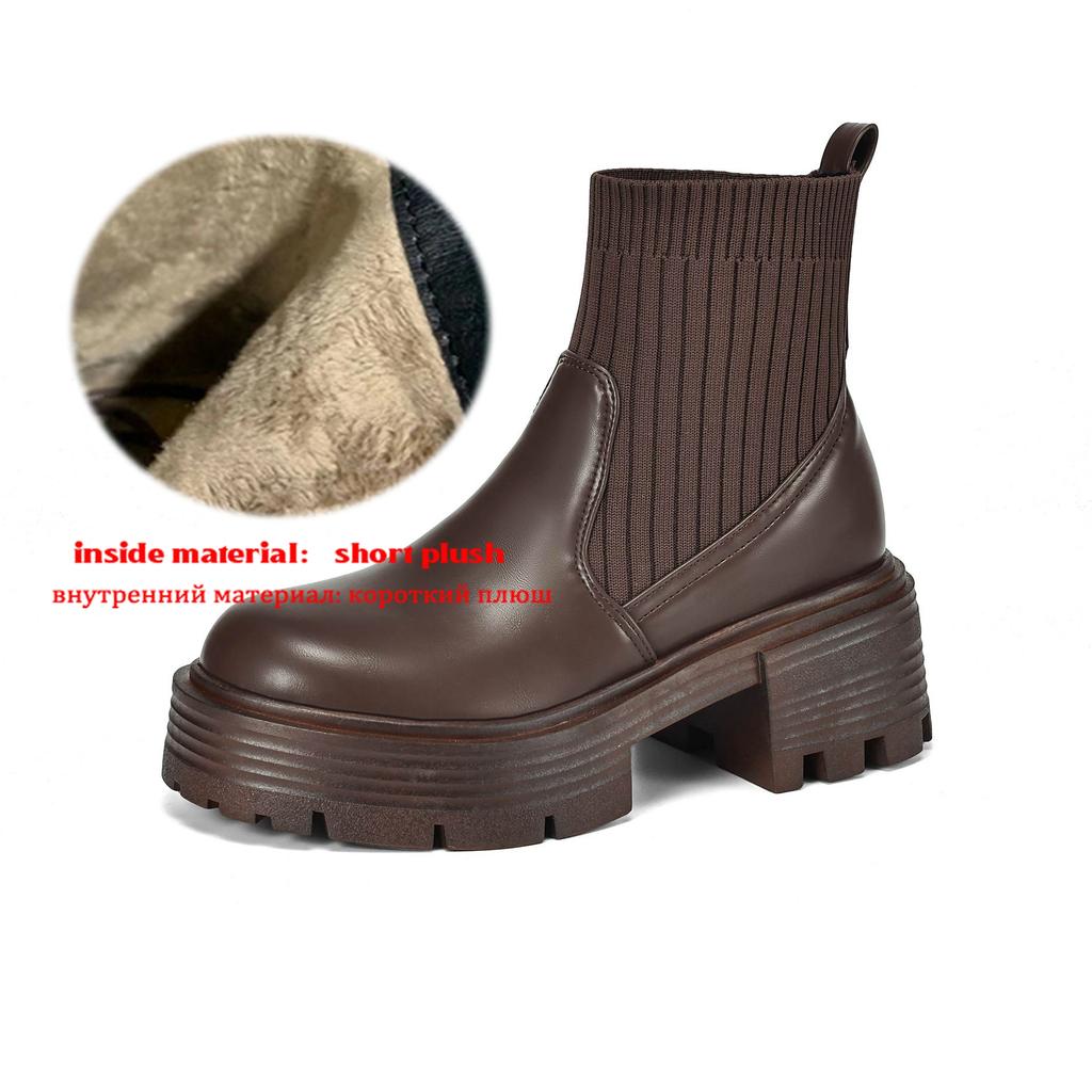 Krazing Pot Microfiber Autumn Winter Shoes Thick High Heels Thick Bottom Size 43 Motorcycle Boots Stretch Knitwear Ankle Boots
