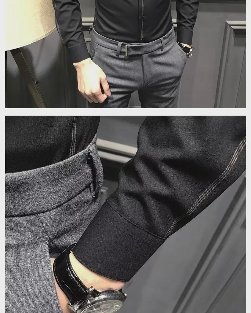 Men's Gray Slim Fit Long Sleeve Business Casual Shirt - Wrinkle-Free Korean Trend