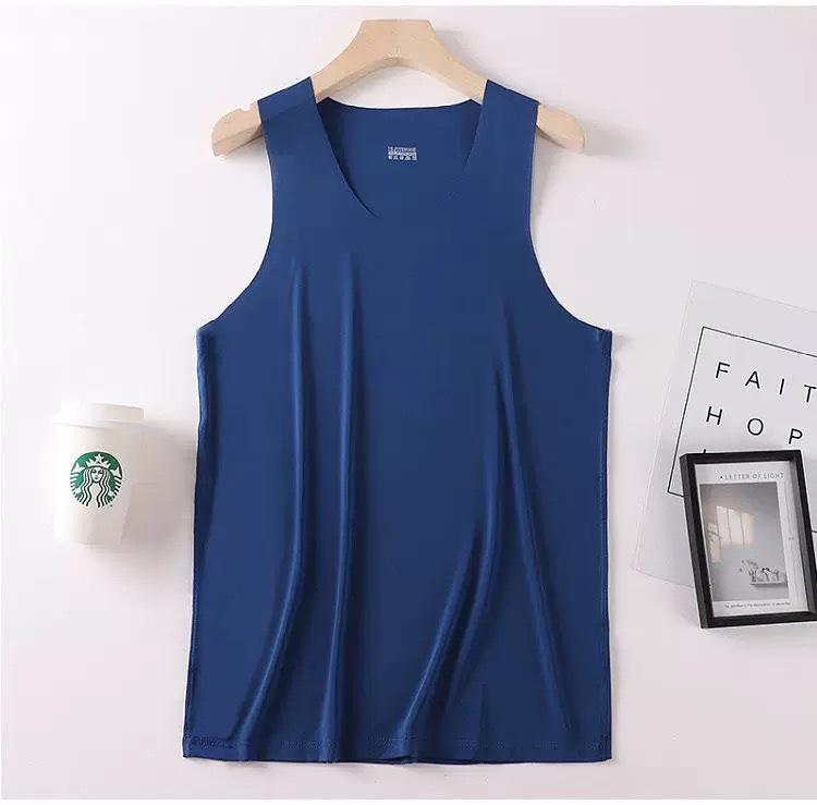 

New Summer Men s Ice Silk Traceless Vest Crew Neck Slim-Fit Sports High Elastic Bottom Undershirt Narrow Shoulder Underwear 5XL темно-синього кольору