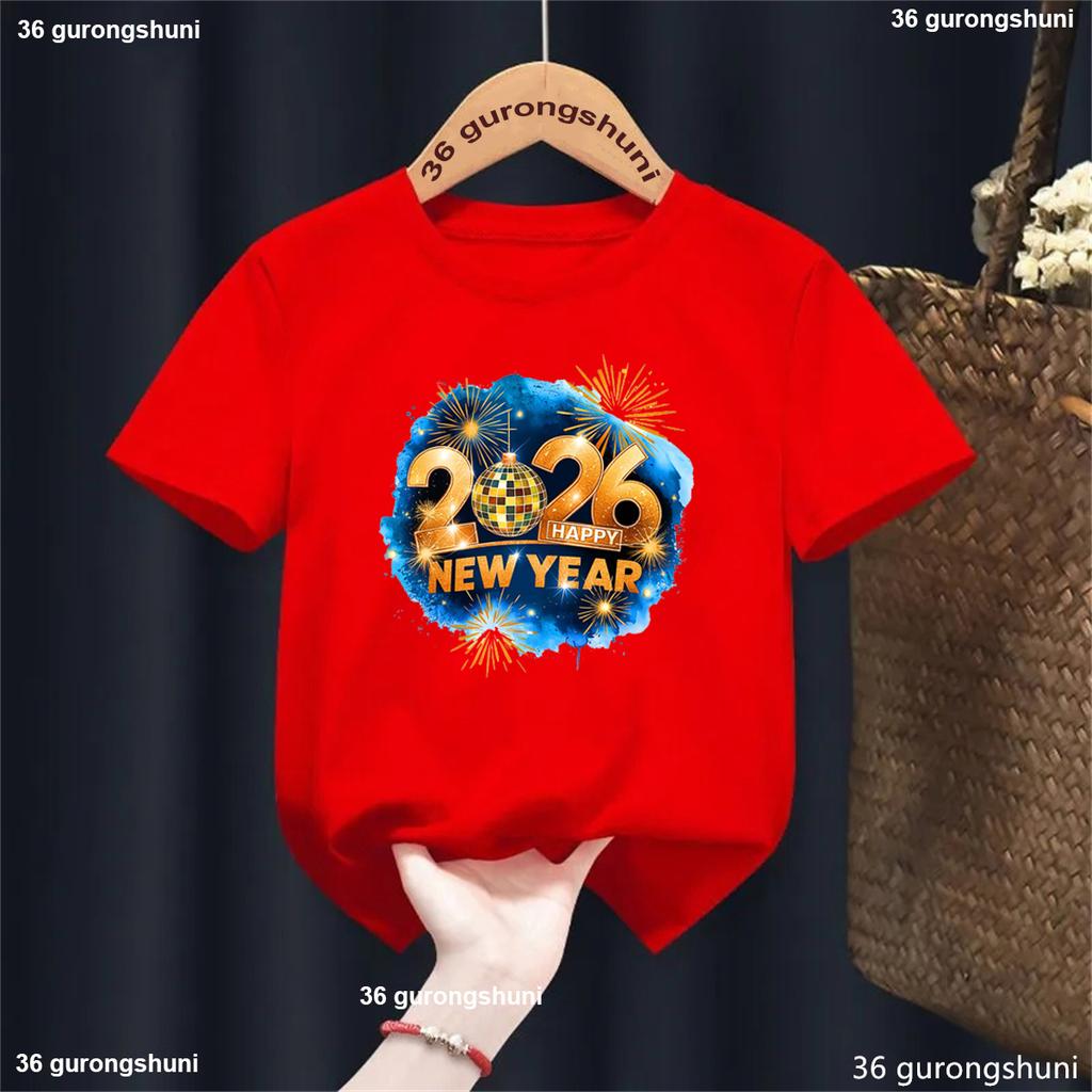 Happy New Year! Sparkling Gold 2026 Printed T-shirt Fashion Girls/Boys New Year Winter Holiday T-shirt Kids New Year Gift Tops