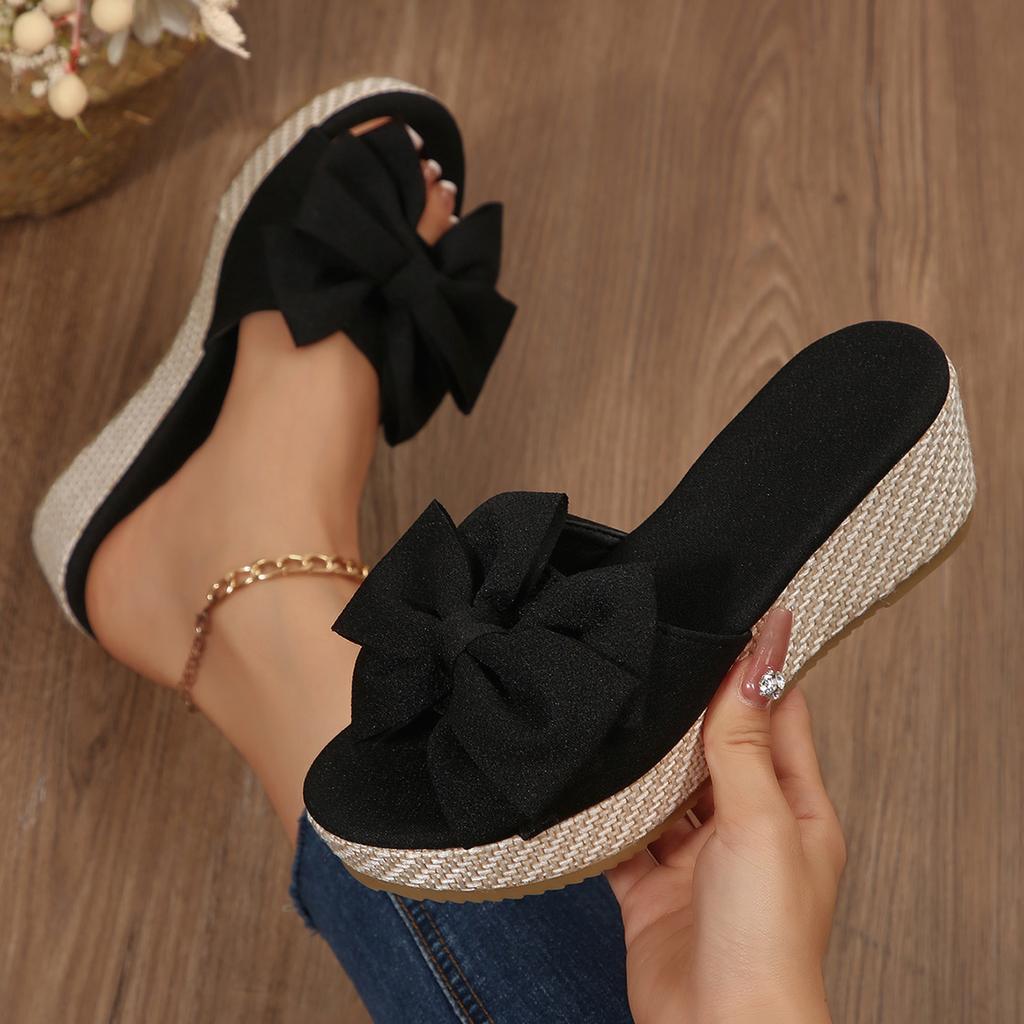 2025 Women Wedge Slippers Leopard Print Bow Tie Slippers Platform Outdoor Sandals Leisure Large Size Shoes Women Slides Women