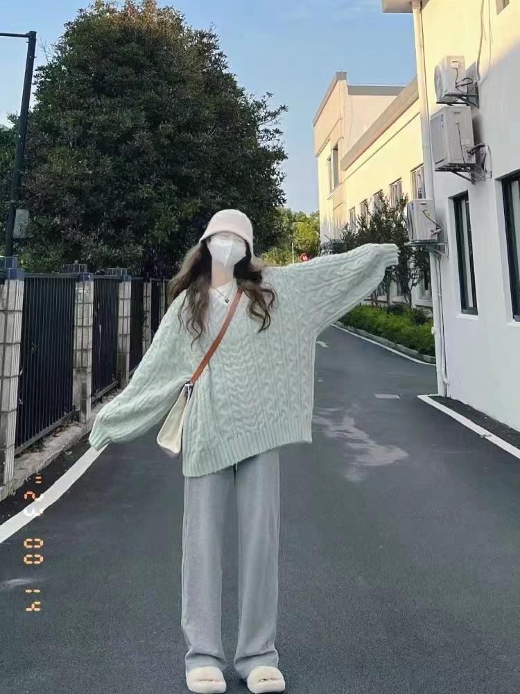 Red Twist Crew Neck Medium and Long Thickened Winter Lazy Wind Loose Top Plus Fat Large Size Knitted Sweater for Women