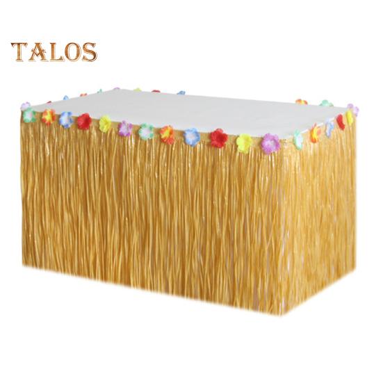 Hawaiian Party Table Skirt Waterproof Tropical Luau Party Colorful Flower Grass Tassels Table Skirt Summer Beach Themed Aloha Party Decoration Party