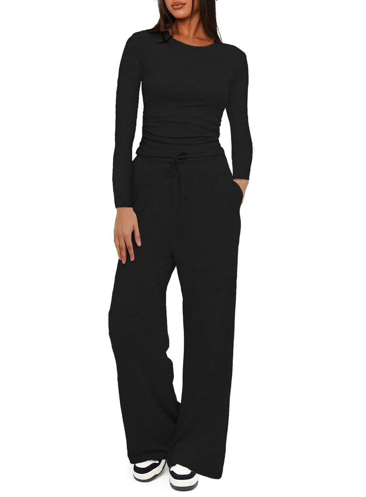 Women's Casual Long-Sleeve Top and High-Waisted Wide-Leg Pants Set for Fall