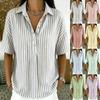 Women's Collared Short Sleeve Striped Blouse Loose Fit Casual Half Button Tunic Top