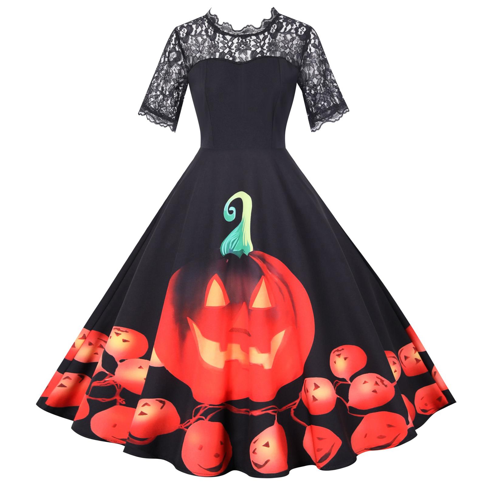 

Женское платье в стиле ретро Хепберн с кружевом, круглым вырезом и короткими рукавами, с принтом на Хэллоуин XXL чёрный
