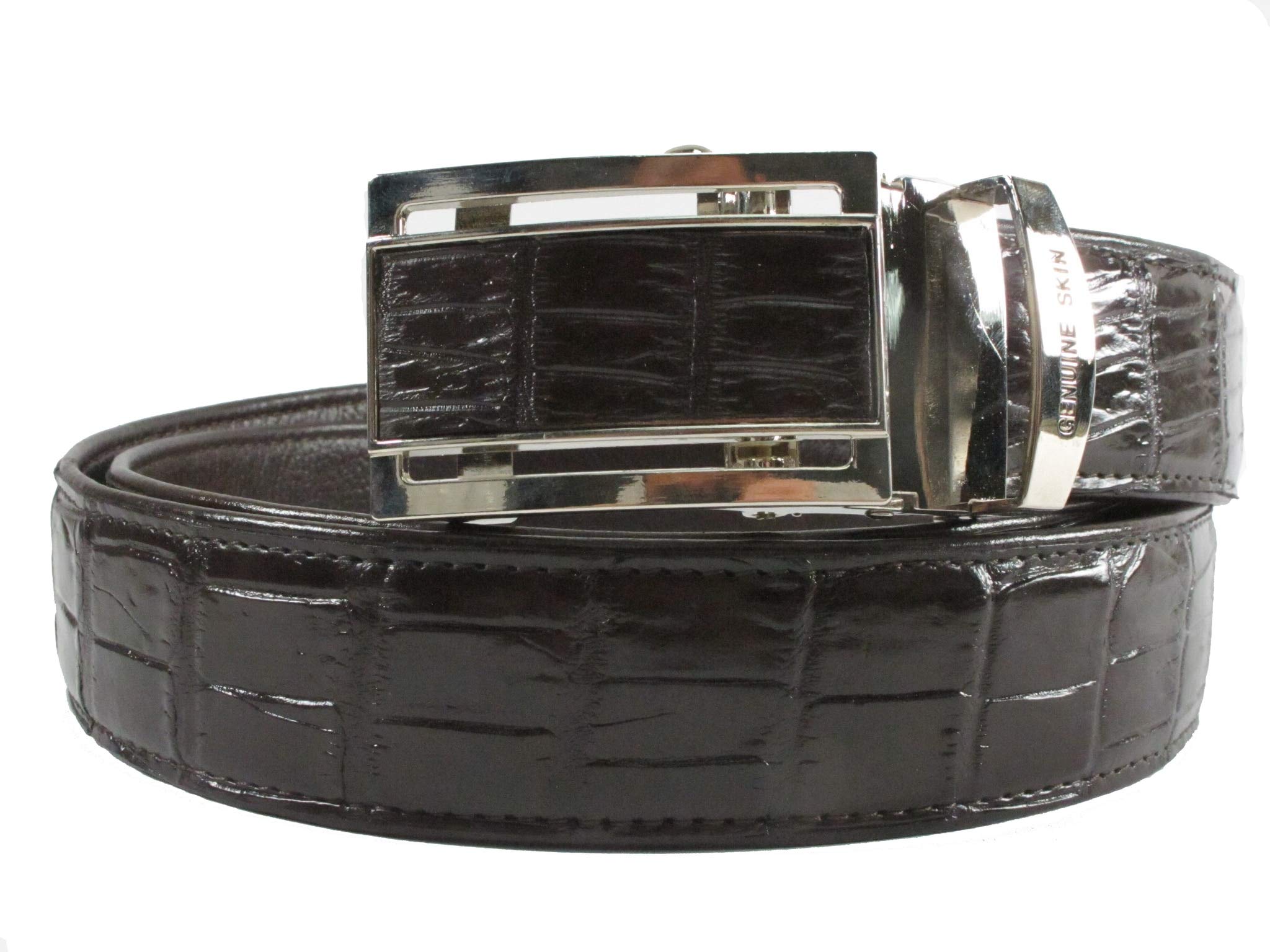 

[Pelgio] Crocodile Leather Belt with Auto-Stopper, Brown, Belly Skin
