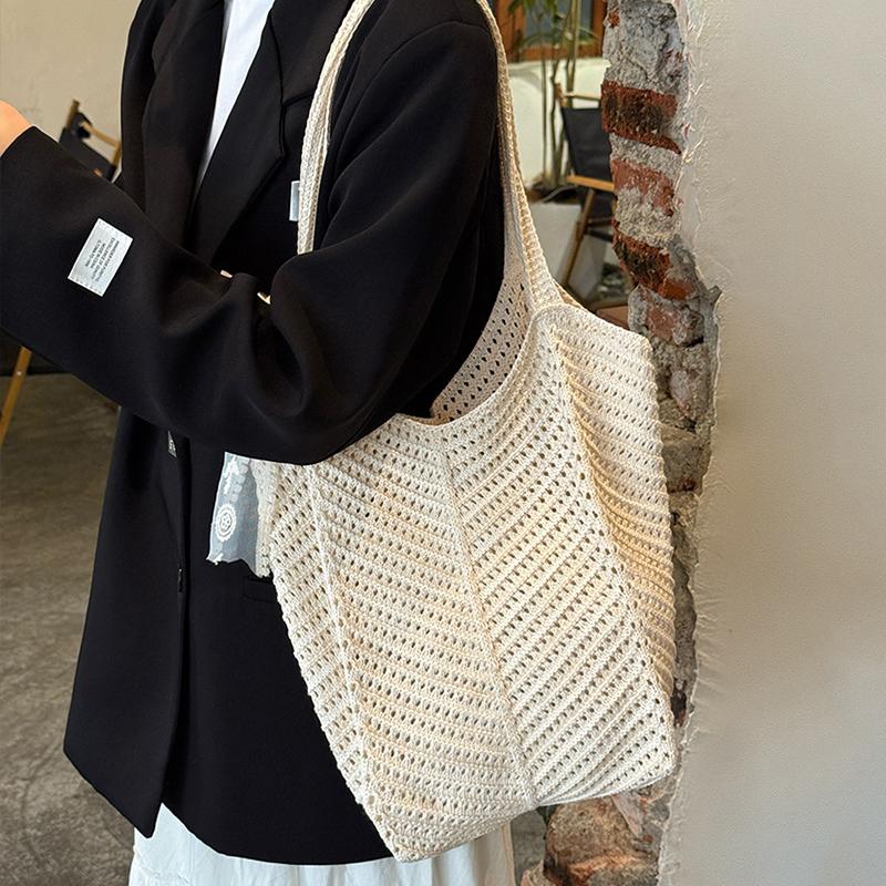 Yogodlns Solid Color Crochet Tote Handbag Summer Beach Scarf Decor Fashion Women's Mesh Woven Shoulder Bags Large Capacity Knitting Underarm Bag