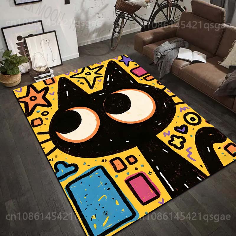 1PC Black Cat with Colorful Background Carpet for Living Room Bedroom Sofa Home Decor Rus Non-slip Floor Mat Luxury Gift