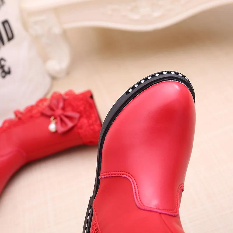 Baby Girls Comfortable Casual Plus Velvet Bow Beaded Lace Warm ZIP Autumn/winter Round Head Daily Kids Mid-calf Children's Boots