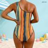 Women Plus Size One Shoulder Asymmetric Neck Abstract Printed One Piece Swimsuit