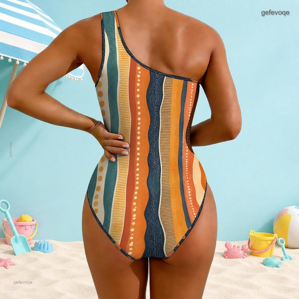 Women Plus Size One Shoulder Asymmetric Neck Abstract Printed One Piece Swimsuit