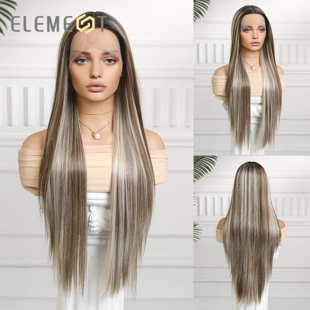 ALAN EATON Lange synthetische gerade Ombre Ash Platinum Blonde Lace Front Perücken für Frauen Cosplay Party High Density Hair Hitzebeständig