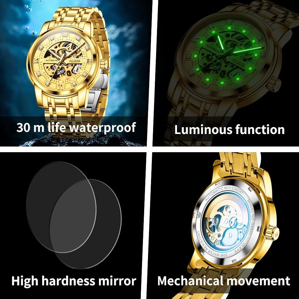 OLEVS Automatic Skeleton Men's Watch Gold Band Gold Dial Luxury Waterproof Mechanical Dress Watch