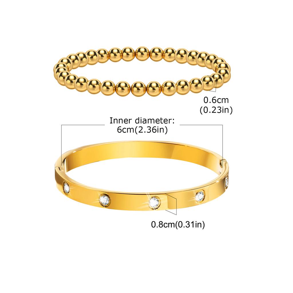 Fashion Stackable Stainless Steel Beads Bracelet for Women, Cubic Zircon Gold Plated Bangle, Waterproof Light Luxury Jewelry