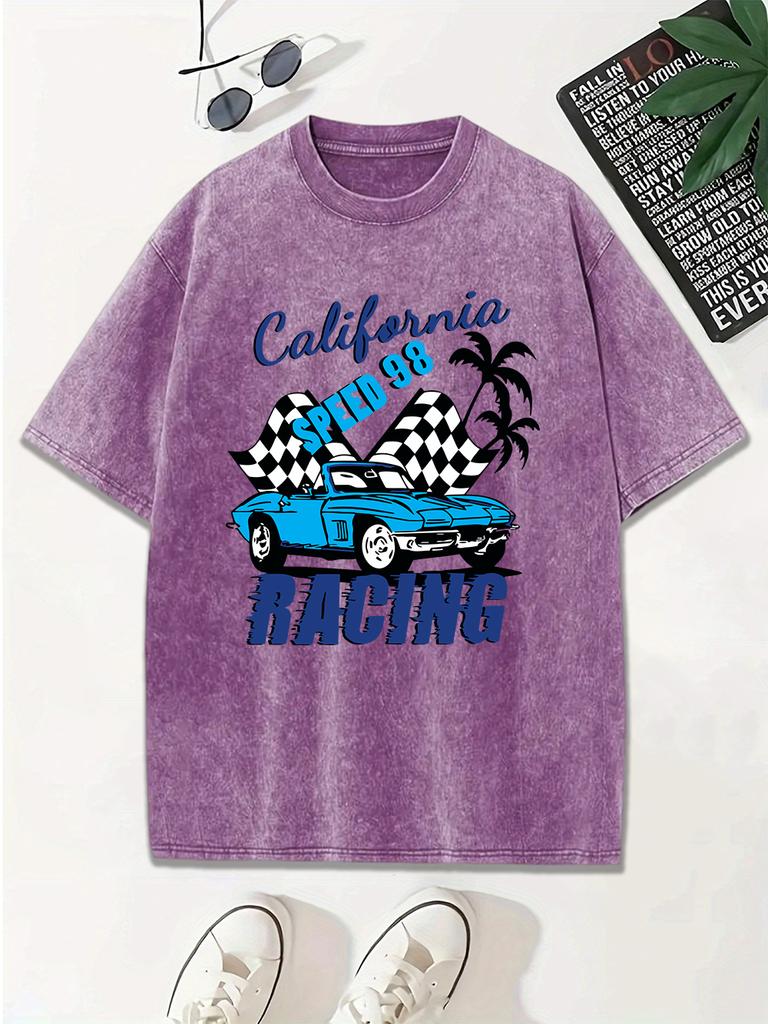 California Speed Racing Prints Washed TShirt Women Cotton Oversized Tops Casual ONeck Distressed T Shirt Summer Clothes