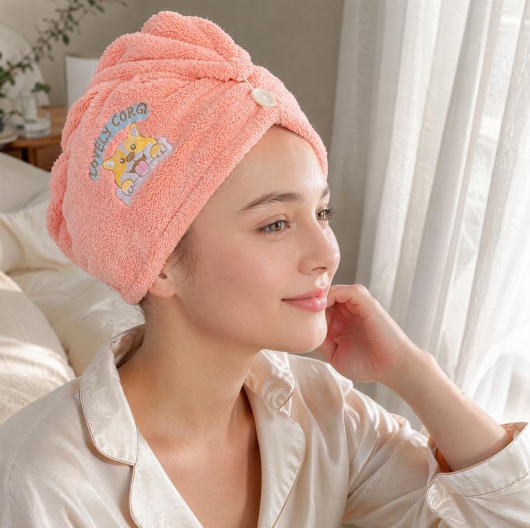 Custom Coral Velvet Cartoon Embroidered Quick-Dry Dry Hair Cap Women Thickened Water Absorbent Shower Headscarf