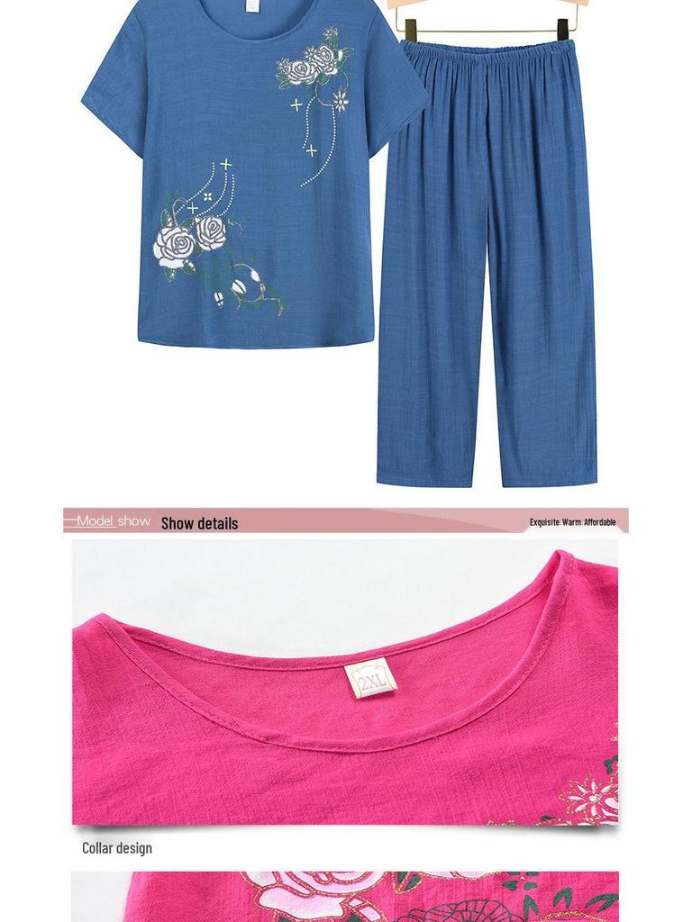 Summer Two-Piece Set: Short-Sleeved T-Shirt and Pajama Pants for Middle-Aged and Elderly Women