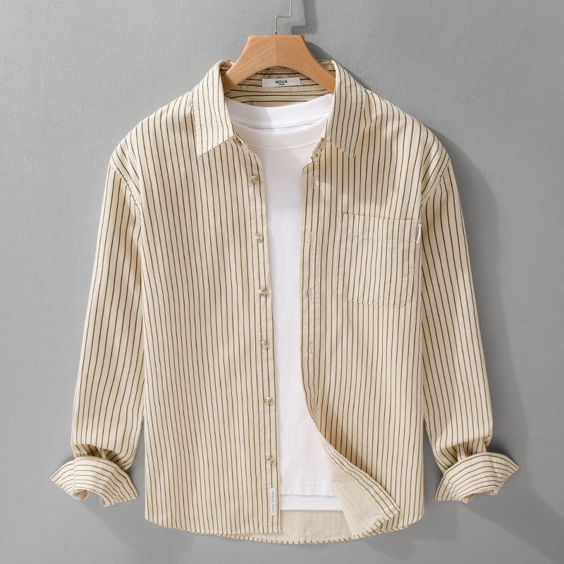 Spring and Autumn Japan fashion Print Vertical Stripes Long sleeve Shirts Men's Loose Casual Shirt Outerwear Cotton All-Matching New