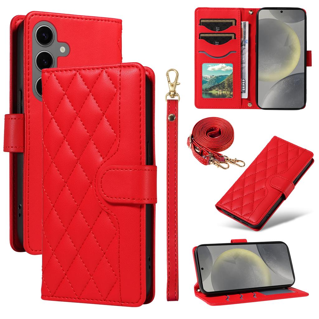 For Samsung Galaxy S25/S24 Case Wallet Rhombus Leather Phone Cover with Shoulder Strap,Wrist Strap