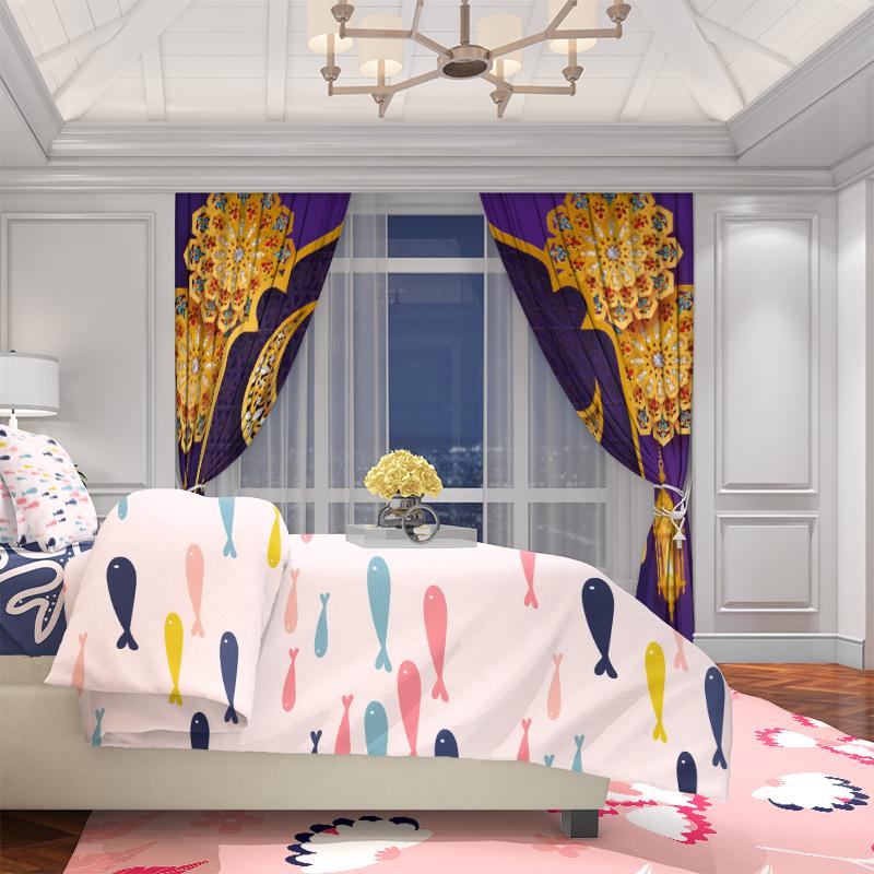 2PCS Ramadan auspicious (Lantern - Moon) prayer Ramadan printed curtain polyester material suitable for bedroom living room,