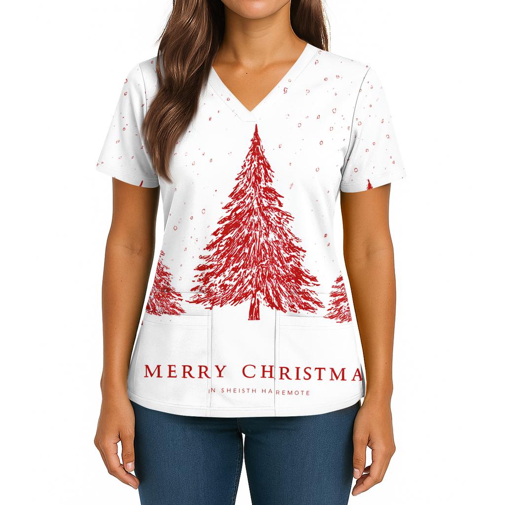 Women's Christmas Print V-Neck Double Pocket Short Sleeves Hem Slit  Uniform And Caregiver Top