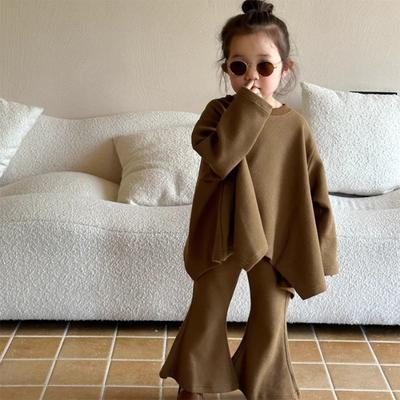 Autumn Children's Set Girls' Solid Loose Round Neck Cape Top Flare Pants 2 Piece Set Children's Set