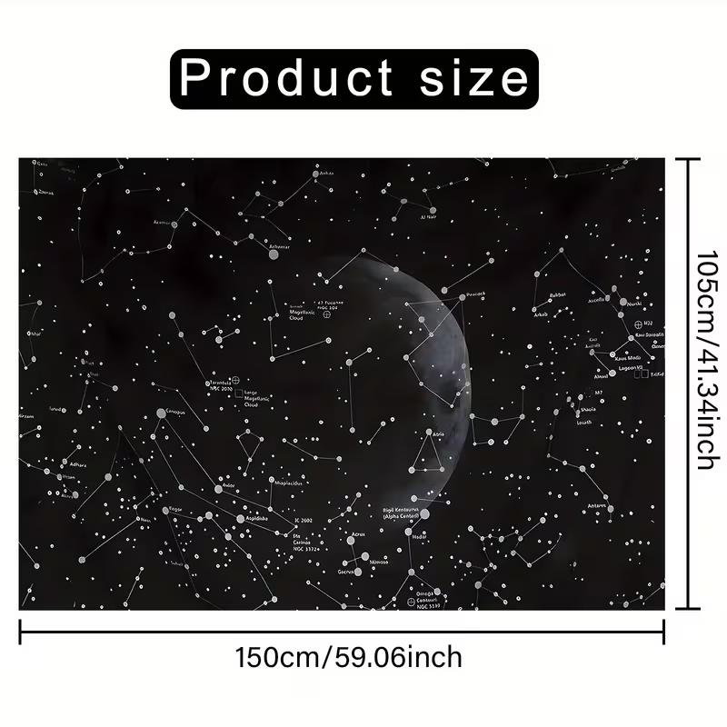 Constellation Star Map Tapestry, Black and White Night Sky with Moon
