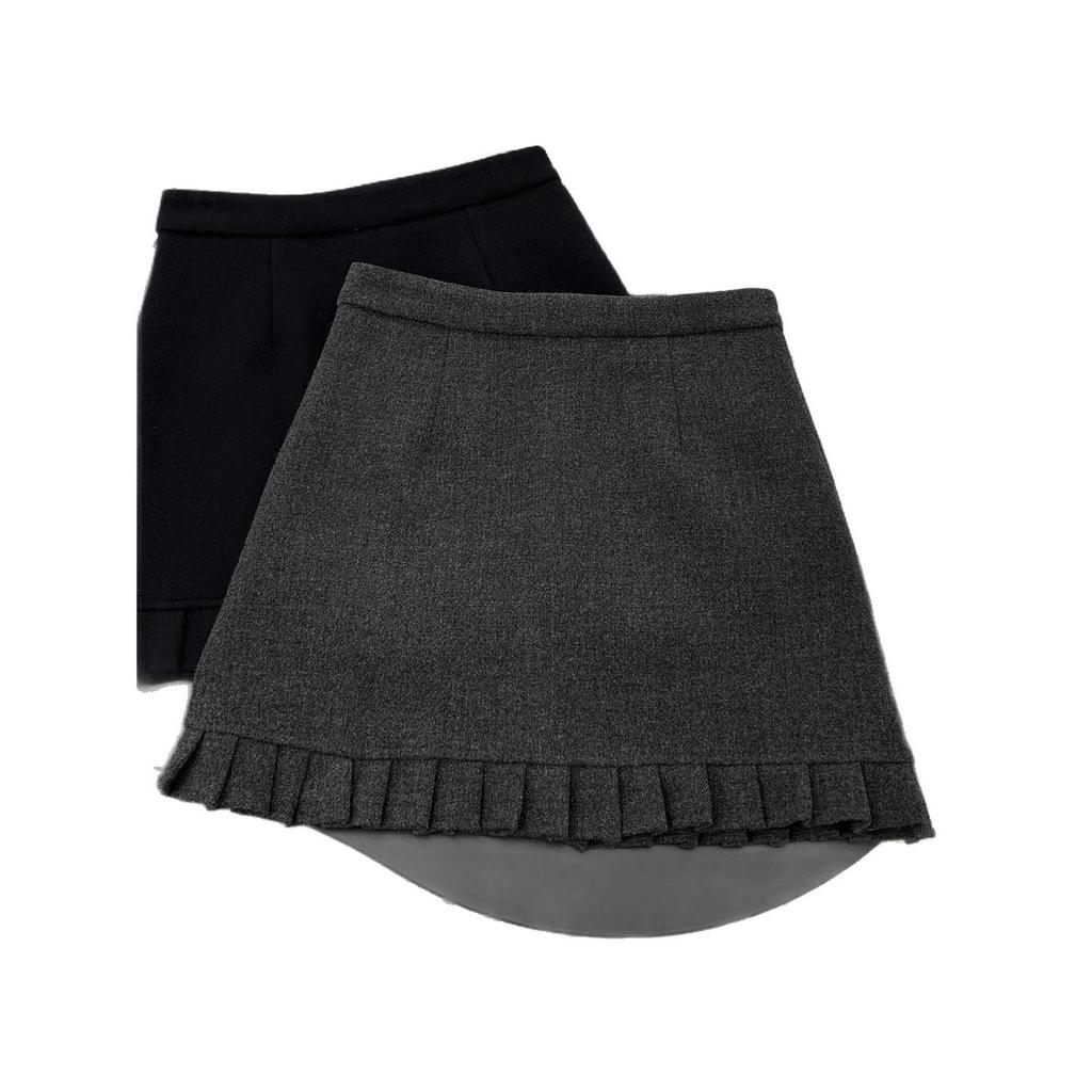 Plus Size Gray Wool Pleated Lace Skirt with Ruffle Hem - High Waist Bodycon for Autumn/Winter