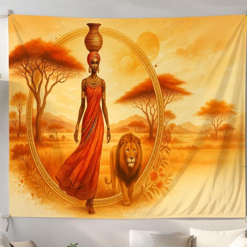 African women and lions on the savanna tapestry 75x100 чёрный