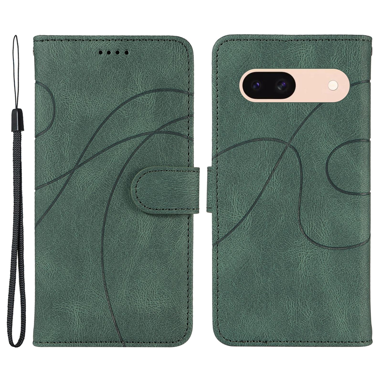 

For Google Pixel 8a Phone Case Stand Leather Phone Cover with Imprinted Line Design Green