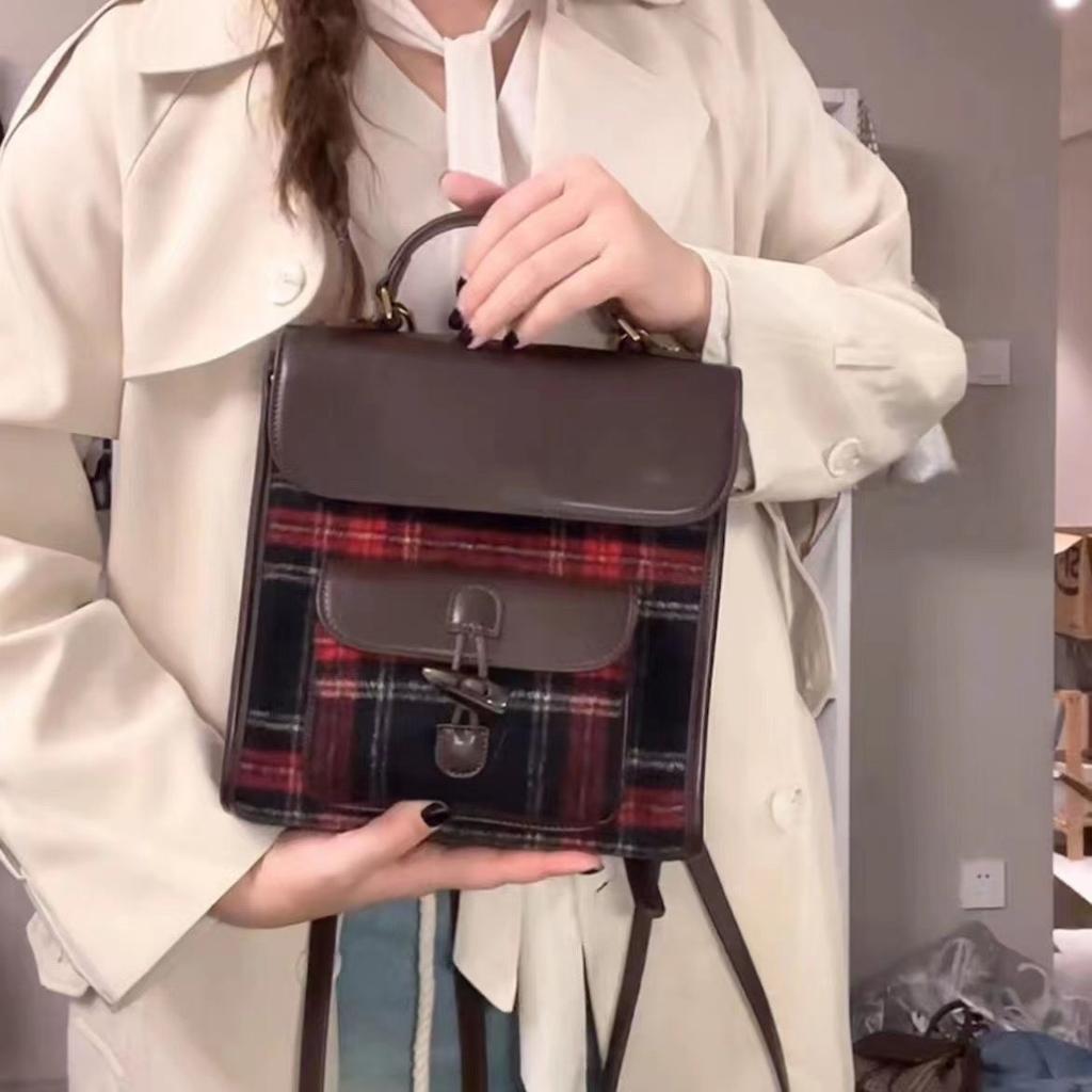 Red And Blue Woolen Retro Design Backpack Horn Buckle Texture Niche Unique Backpack Bag