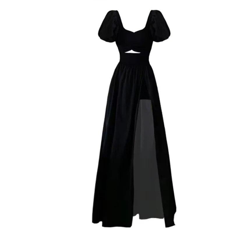 

French Vintage Open Fork Long Dress Women Black Elegant Party Hollow Out Dress Female Korea Style Short Sleeve Dress Summer 2026 XL чорний