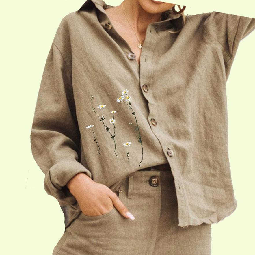 

Женская модная блузка с цветочным принтом, женская хлопковая льняная рубашка с длинным рукавом и застежкой на пуговицы 3XL хаки