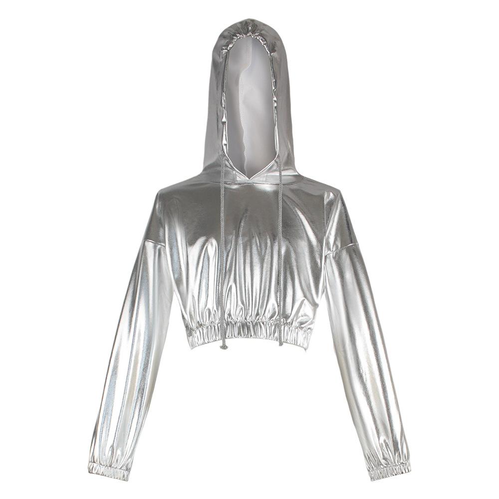 Halloween suit bright leather sexy leaking navel hooded long-sleeved jumper performance suit Symphony laser sweater