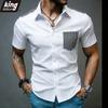 Men's Houndstooth Trim Button-Up Shirt - Black Short Sleeve with Checkered Collar & Cuffs, Casual Modern Dressy Style