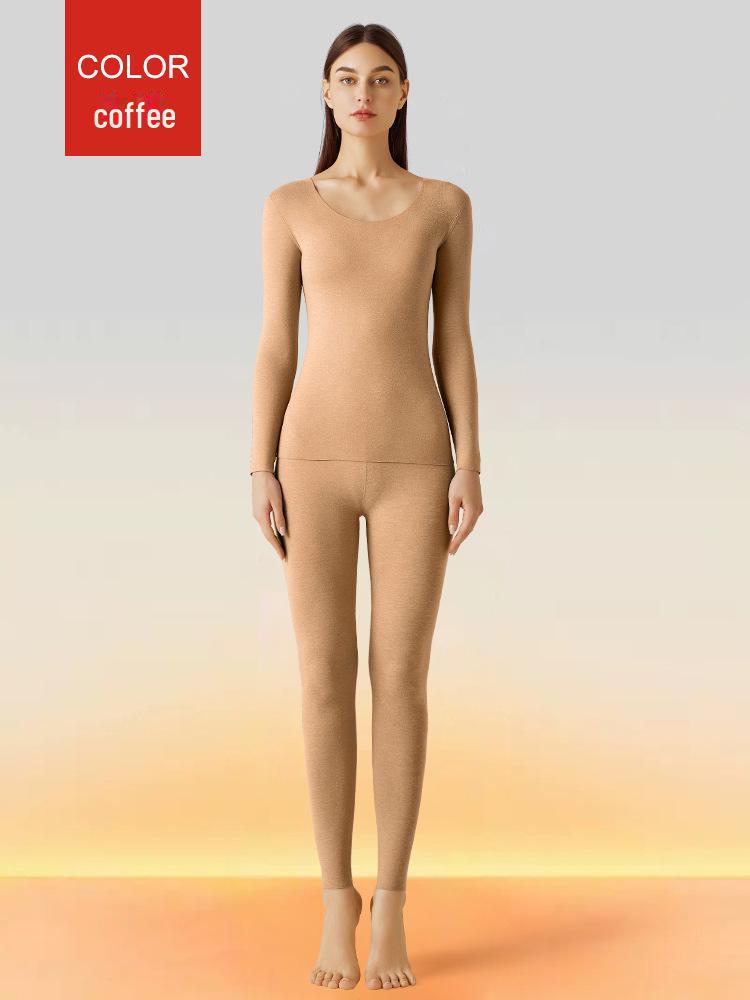 Women's Seamless Brushed Thermal Underwear Set - Round Neck Slim Fit for Autumn and Winter