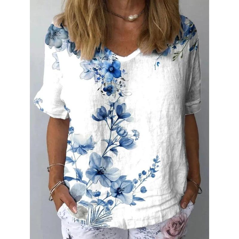 

Summer Women s T-Shirt Floral Pattern Printing Beach Style Fashion Casual Short-Sleeved V-Neck Women s Clothing 5XL