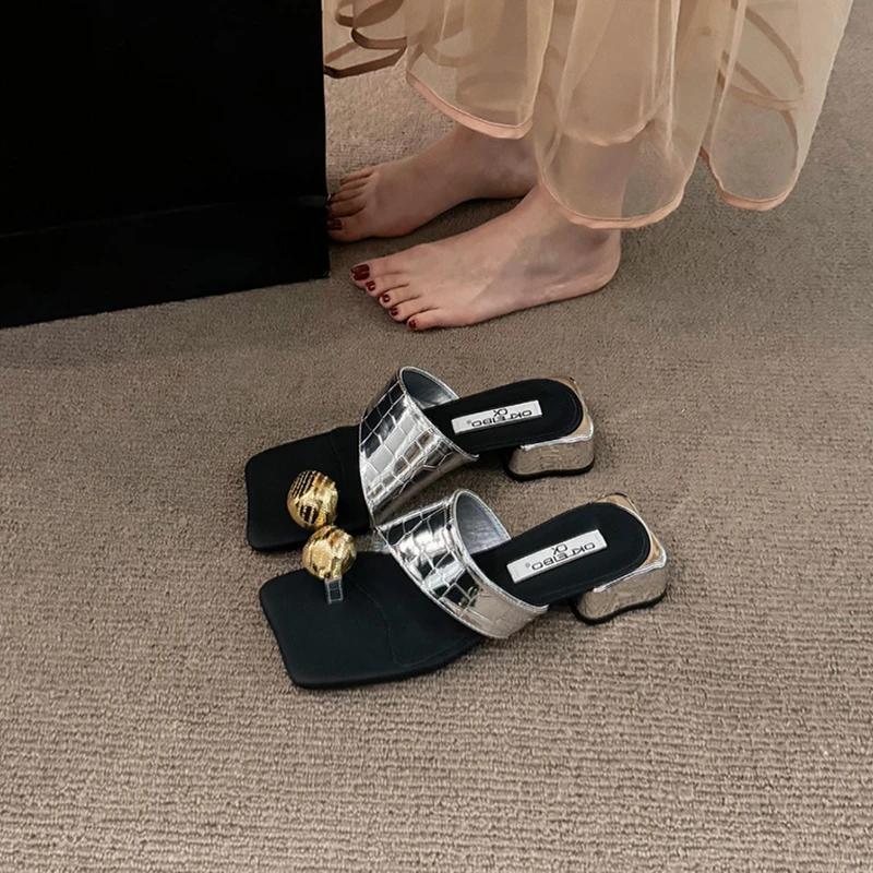 Summer Slippers Women's Metal Decorative Stiletto Heels Sliding Outdoor Dress Party Flip-flops Clip Toe Sandals