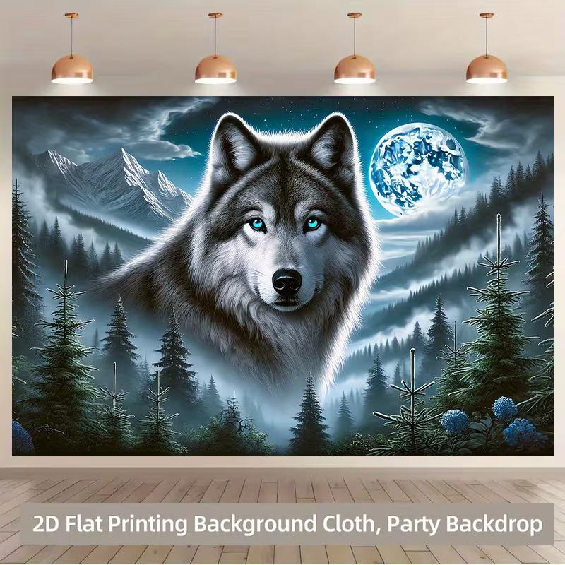Decor banner with a magical design of a wolf, pine trees, and a full moon over a misty mountain landscape 47.2x31.5inch/120*80cm